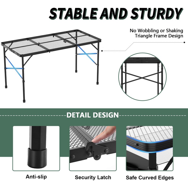 Folding Gril Table, 4x2 FT Camping Table with Mesh Desktop,Height