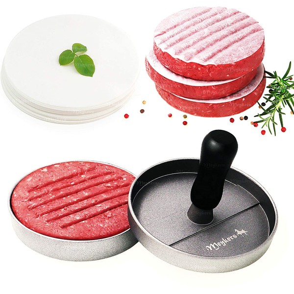 Meykers Burger Press 100 Patty Papers Set | Non-Stick Hamburger Mold with Free Wax Patty Paper Sheets | Meat Beef Cheese Veggie Burger Maker for Grill Griddle BBQ Barbecue | BPA Free