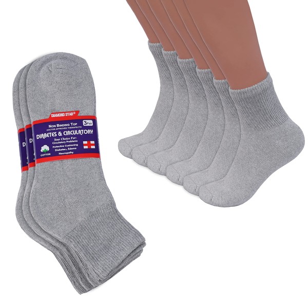 Calcetines de tobillo para diabéticos, no vinculantes, aprobados por médicos, calcetines de algodón para hombres y mujeres (6 unidades, gris, grande y alto para hombre 13-15, talla de zapato 9-14)