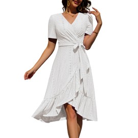 Dressystar Women 2025 Eyelet Summer Dress Short Sleeve V Neck Ruffle Wrap Spring Wedding Guest Sun Vacation Midi Casual Dresses White L