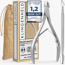 KLINGENHELD® Precise Cuticle Nippers with 1 Cuticle Pusher - Very Smooth & Extra Sharp - Includes Travel Case Made of Cotton 100% Plastic-Free & Sustainable - Cuticle Scissors, Cuticle Cutter