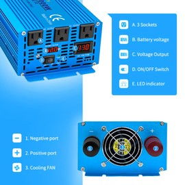 LVYUAN 2000 Watt Pure Sine Wave Inverter 12V to 110V 120V DC to AC with 3 AC Sockets, LED Display, Car Power Inverter for Vehicles Home RV Camping Truck Solar System