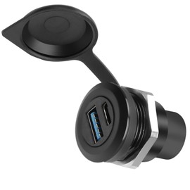 QIANRENON USB3.0 & USB C 3.1 Threaded Fixing Round Connector USB3.0+USB Type C 3.1 Female to Female Embedded Panel Mount Adapter 2 Port Socket, Dust Cover, Mounted on Device Panel Dashboard