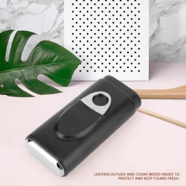 Cigar Case, 3 Cigar Humidor Cedar Wood Lined Leather Cigar Case with Stainless Steel Cigar Cutter, 16 x 7.5 x 3.5 cm (Black)