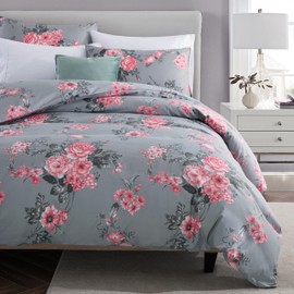MOONLIGHT20015 King Size Duvet Cover set Reversible Quilted Bedding Sets With Pillowcases Soft Brushed Microfiber Printed Duvet set (Grey Bouquet 230 x 220 CM)