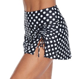CharmLeaks Womens High Waisted Split Swim Skirt Drawstring Skirted Swim Skirts with Built-in Panty Black Polkadot L