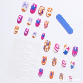 CEWEWP Short Press on Nails Almond Fake Nails with Star Flower Design Colorful Graffiti Glue on Nails Oval Stick on Nails Glossy Reusable False Nails for Women Girls Summer Wear Manicure 24pcs