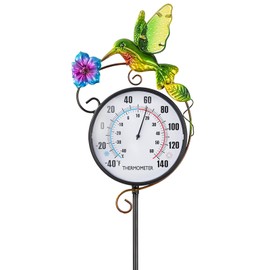 Outdoor Indoor Wall Thermometer with Hummingbird Metal Stake Outside Waterproof Decorative Temperature for Lawn Yard Pathway Patio Decorations