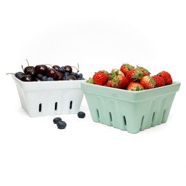 Woouch Ceramic Berry Basket, Square Fruit Bowl With Holes, 5.7" Colander For Kitchen, Cute Small Container For Berries, Strawberry, Grape, Cherry, Rustic Stoneware Décor (White + Mint Green)