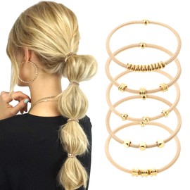PEOVLVN 5 Pcs Hair Tie Bracelets for Women, Boho Hair Ties No Damage Elastic Hair Ties Cute Bracelet Hair Ties with Bead Ponytail Holders Hair Bands for Women Girls Hair Accessories (Beige)