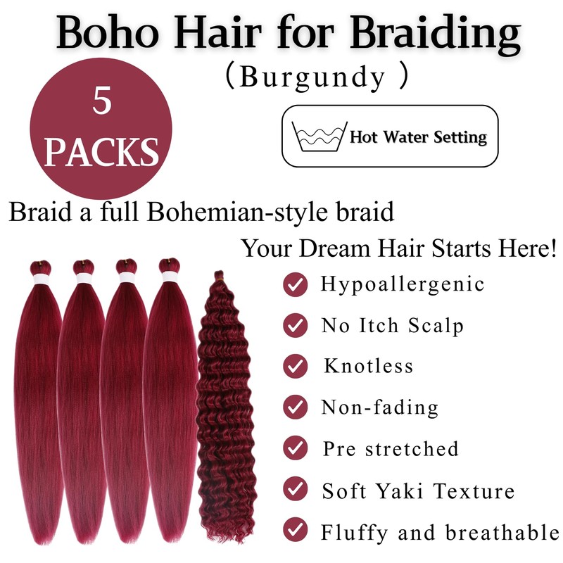 Burgundy Braiding Hair Pre stretched Curl Boho Hair for Braiding