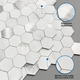 MOFIT Hexagon Peel and Stick Backsplash Tiles Kitchen,Self-Adhesive Metal and Marble Honeycomb Peel and Stick Wall Tiles Sticker Mosaic Heat Resistant(White Silver,10sheets)