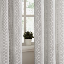 Fragrantex Grey Semi Sheer Curtains 95 Inch Length for Bedroom, Boho Print Curtains Window Treatments for Living Room, Geometric Grommet Top 2 Panels Drapes, 50”W x 95”L x2