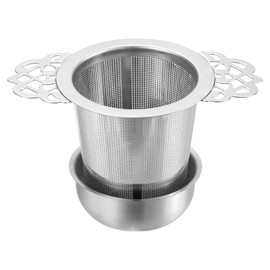 sourcing map 1 Pcs Tea Infuser Filter with Handle, Drip Bowl, Fine Mesh Loose Tea Steeper, Stainless Steel Tea Strainer for Brew Loose Leaf Tea, Silver