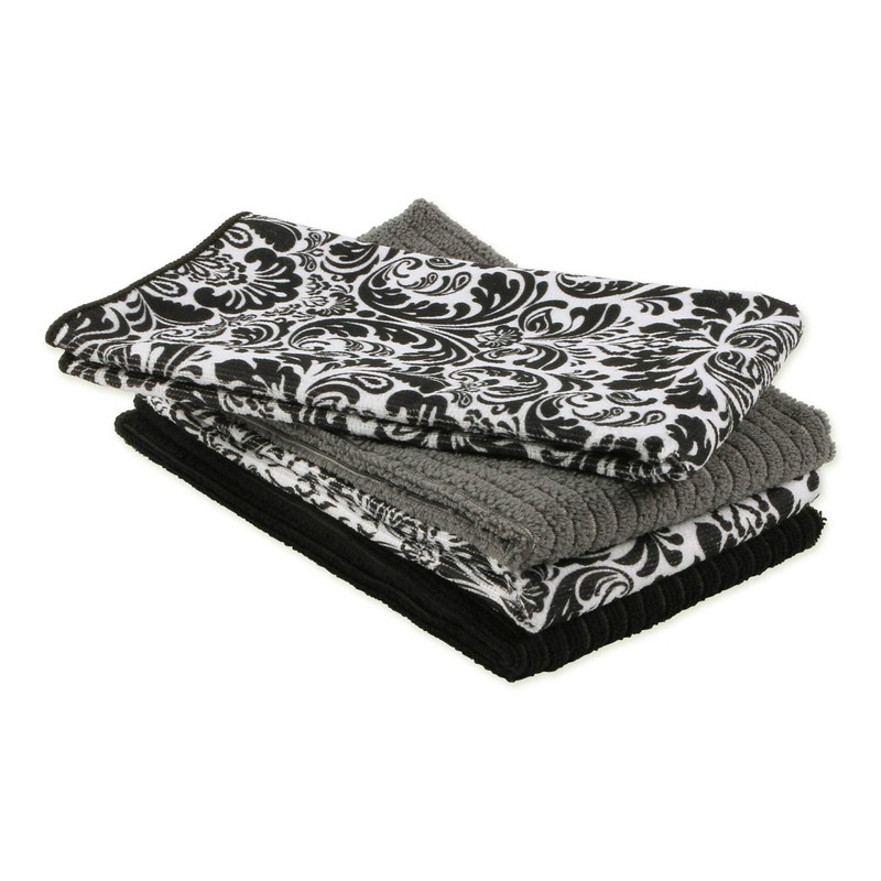 DII Cleaning Collection Multi-Purpose Microfiber, Black Damask, Dishtowel Set