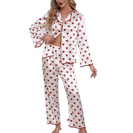 MYBFYABO Women Valentine's Day Pajamas Set Long Sleeve Love Printed Satin PJ Sets Button-Down Pajama Sleepwear Loungewear (Love White, M)