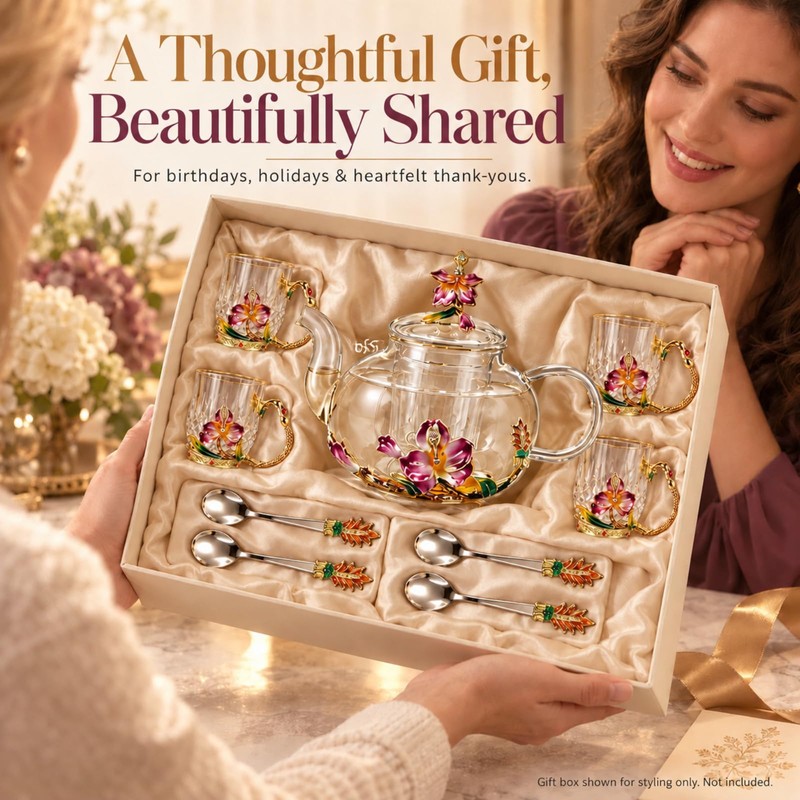 Maxdot 5 Pcs Floral Glass Tea Set, 14 oz Rose