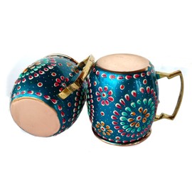 Rastogi Handicrafts Handmade Copper Outer Hand Painted Art Work turquoise color Water Bottle (Joint Free & leak proof) and Mug - Cup 16 oz (2)