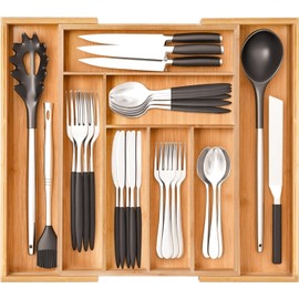 8 Compartimentos Bandeja para Cubiertos Expandible de Bambú,Organizador de Cocina Ajustable 100% de Bambú EcoFriendly,Bandeja de Madera para Cajón,Multiusos para Almacenar y Ordenar.