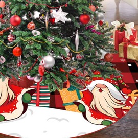 ARTXZDZ Christmas Tree Skirt 48 inch - Cartoon Santa Snow Claus Xmas Tree Ornaments - Soft Plush Red and Black Plaid Tree Skirt - Perfect Holiday Decor for Festive Celebrations