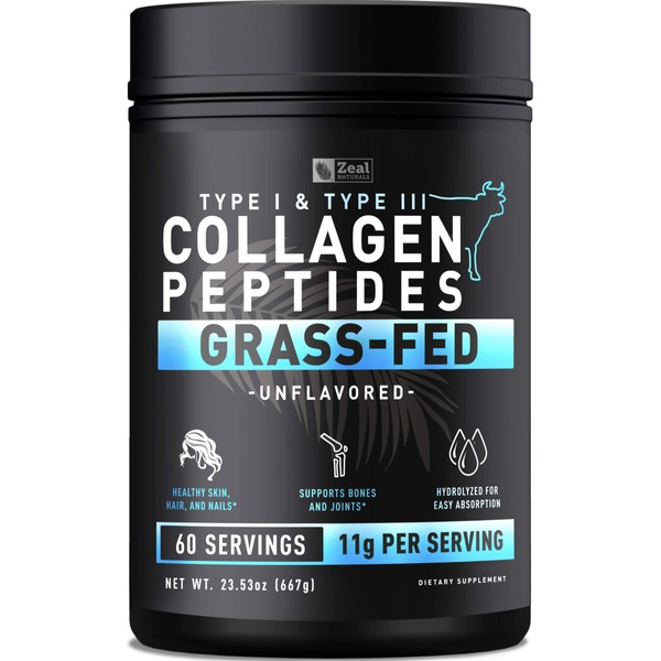Pure Collagen Peptides Powder (11g | 60 Servings) Grass Fed Pasture-Raised Bovine Collagen Powder Hydrolyzed for Maximum Absorption ; Collagen Supplement for Joint Support, Hair & Skin
