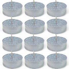 MIK funshopping Magic Glitter Tea Lights, Magical Atmosphere for Christmas, Festive Occasions, Odourless, Soot-Free Candles, Long Lasting Burning Time (Diameter 5.5 x 2 cm, Pack of 12, Silver)