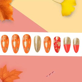 Gold Maple Leaves Press on Nails Short Fall Thanksgiving False Nails Glitter Powder Design French Tip Stick on Nails Full Cover Glossy Acrylic Nails Almond Glue on Nails for Women Festival Nails