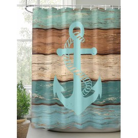 Jynvoxistyl Vintage Wood Grain Shower Curtain Anchor on Teal Brown Board Gradient Shower Curtains for Bathroom Washable Fabric Curtain with Hooks Farmhouse Home Decor 72x72 Inch
