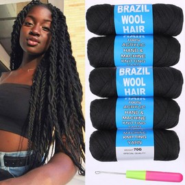 Kachanaa 5 Roll Brazilian Wool Hair for Braids Acrylic Hand Knitting Yarn for Braiding Synthetic Goddess Locs Crochet Hair Black Senegalese Twist Braiding Hair 1B#