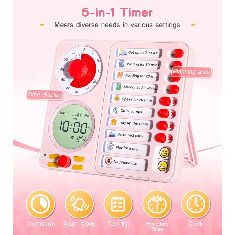 3-in-1 Visual Timer Task Timer with Chore Chart Board, ADHD