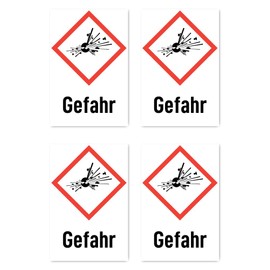 Sticker 150 x 100 mm, Pack of 4 – Signal Word Hazard Symbol with Text (German) (Red/White) – Vertical – GHS01 – UN/GHS Hazard Pictogram