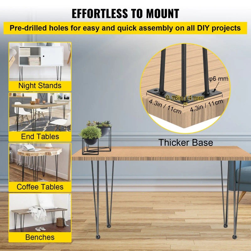 30\" Black Hairpin Table Legs Set of 4 880lbs Load