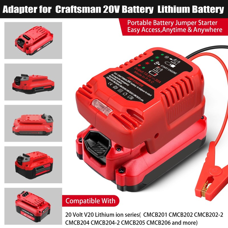 Jump Starter Adapter for Craftsman 20V V20 Li-ion Battery Powered