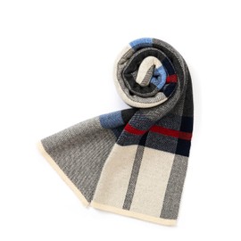 Villand Australian Merino Wool Tartan Knitted Scarf for Men, Checked Winter Warm Thick Soft Neckwear with Gift Box, 180 × 30 cm, Navy Grey Tartan, 180L/30W