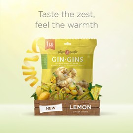 GIN GINS Lemon Ginger Chews – Natural Fresh Ginger Candy by The Ginger People – Individually Wrapped Healthy Candy – Lemon Flavor – Large 1 lb Bag (16oz) – Pack of 1