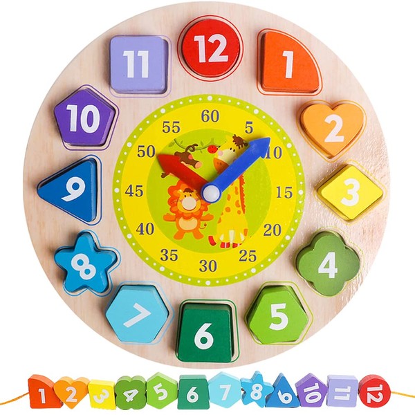 Wooden Shape Color Sorting Clock- Teaching Time Number Blocks Clock Shape Patterns Sorting and Animal Puzzle Montessori Early Learning Educational Toy Gift for 1 2 3 Year Old Toddler Baby Kids