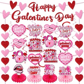 54pcs Galentines Day Decorations Set, Pink Red Happy Galentine's Day Banner Galentines Gang Hanging Swirls Heart Garland Honeycomb Centerpieces for Ladies Girls Night Party Supplies GTG
