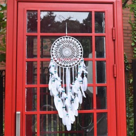 EasyBravo Dream Catcher with White Feathers and Blue Beads, Macrame Wall Hanging for Vintage Wedding, Home Decor, 25 cm / 70 cm Long