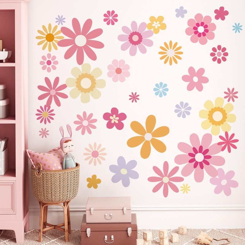 FUFUQUARE 8 Sheets Boho Pink Yellow Daisy Flower Wall Stickers