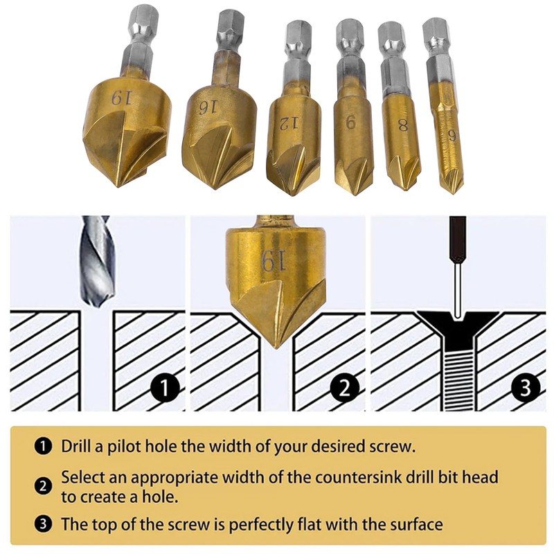 Bestgle 6Pcs 1/4" Countersink Drill Bit Set 5 Flute 82