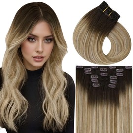 Vivien Clip-In Real Hair Extensions, Remy Clip-In Real Hair Extensions, Balayage Dark Brown Ombre to Honey Blonde Mixed Platinum Blonde #4/14/60, 40 cm, 7 Pieces, 120 g