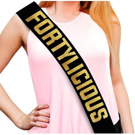 Fortylicious Black and Gold Glitter Satin Sash - Happy 40th Birthday Party Supplies, Ideas and Decorations