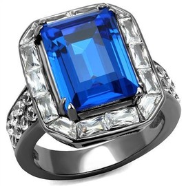 YourJewelleryBox TK2758 CAPRI BLUE SAPPHIRE EMERALD CUT SIMULATED DIAMOND RING LIGHT BLACK size t usa 10