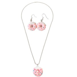 Cute Colorful Doughnut Earring Necklace Set Sweet Snack Donut Dangle Drop Earring Doughnut Pendant Necklace Creative Jewelry for Women-Pink