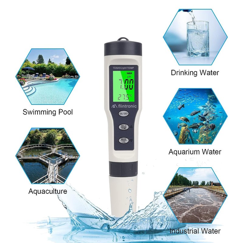 flintronic 4-in-1 PH Meter, PH/TDS/EC Temperature Tester with Backlight, 0-14