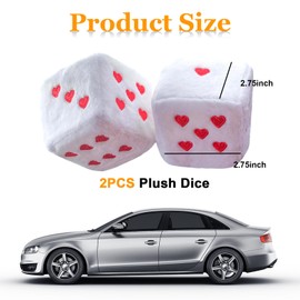 Ziciner Pair Fuzzy Plush Dice for Car Mirror, 3'' Retro Square Dice with Heart-Shape, Universal Auto Rearview Mirror Hanging Ornament Decoration, Vehicle Interior Accessories for Women (White)