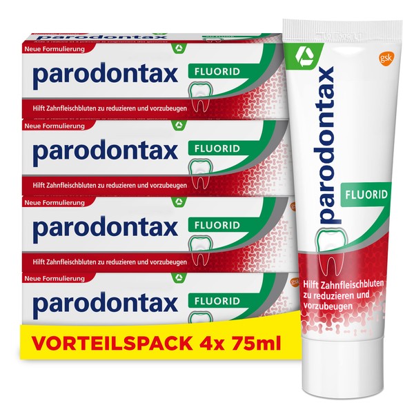 Parodontax Fluorid Zahnpasta, 4x75ml Zahncreme, hilft Zahnfleischbluten zu reduzieren und vorzubeugen