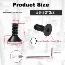 50pcs #6-32x3/8 Flat Head Socket Cap Screws, Carbon Steel Hex Socket Countersunk Flat Head Screw Bolts Machine Screws Fasteners, Fully Threaded Mounting Screws, with Hex Wrench