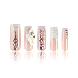 Square Press on Nails Long Fake Nails Glue on Nails,24 Pcs French Tip Square Press on Nails with Rhinestones&Peal&Glitter Snake.Squoval Manicure Artificial False Nails (Pink Rhinestones, L)