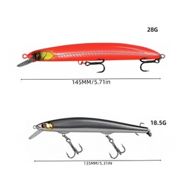 ASYHV 3D Minnow Suspending Shallow Diving Lure - Far Throw Fishing Bait for Freshwater and Saltwater Fishing - Ideal for Mandarin Fish, Bass 2 Pieces (135 mm + 145 mm) (Orange Red + Silver Black)